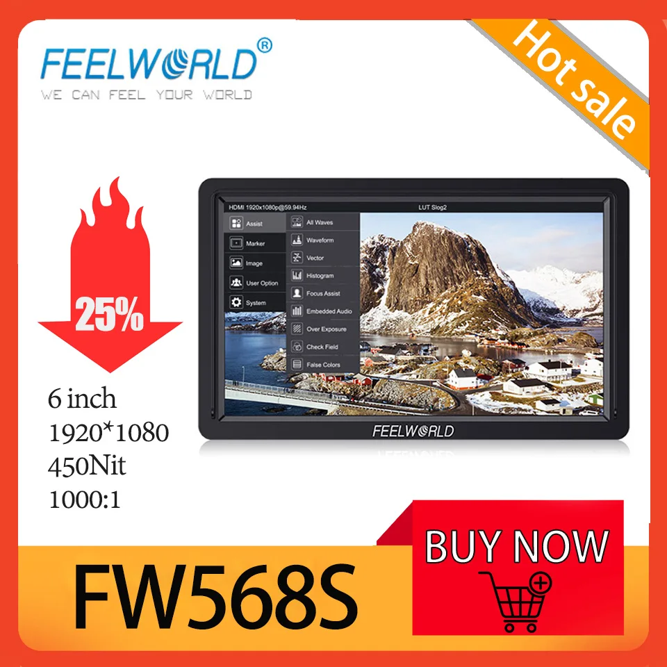 Накамерный монитор FEELWORLD FW568S 6 дюймов, 3G-SDI 4K HDMI 1920*1080 450Nit, яркость 1000:1, FHD полевой монитор для вещания
Накамерный монитор FEELWORLD FW568S 6 дюймов, 3G-SDI 4K HDMI 1920*1080 450Nit, яркость 1000:1, FHD полевой монитор для вещания