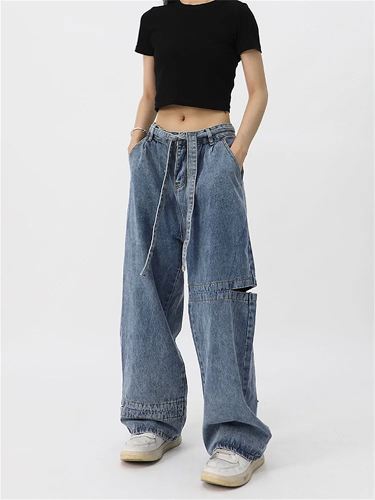 

2022 Women Blue Vintage Straight Ripped Jeans Baggy High Waist Lacing Mopping Pants Fashion Wide Leg Denim Trouser Ladies Summer