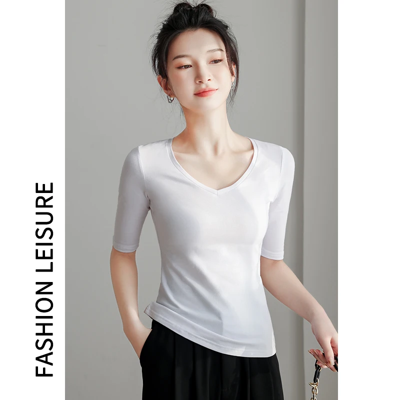 Womens top Lady Cotton short sleeve V-neck top woman tshirt all match Basic t-shirt Half sleeve woman tshirt
Womens top Lady Cotton short sleeve V-neck top woman tshirt all match Basic t-shirt Half sleeve woman tshirt