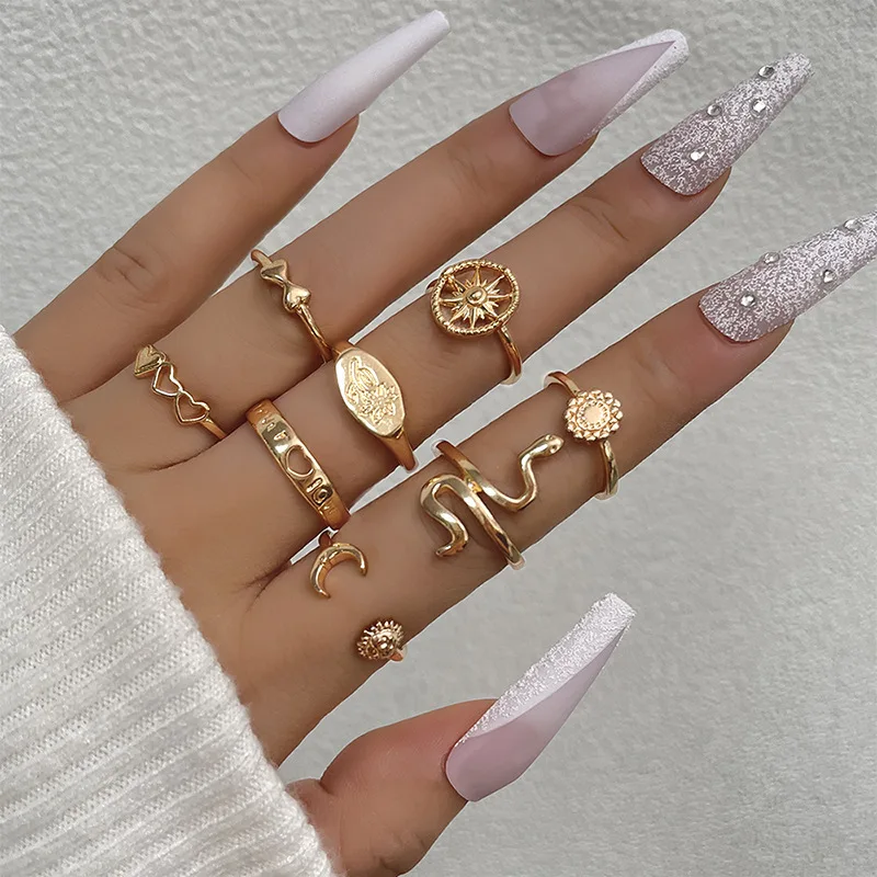 8 Pcs/set Hollow Out Heart Bowknot Sun Moon Snake Gold Color Metal Rings for Women New Creative Ins Ring Jewelry Gifts
8 Pcs/set Hollow Out Heart Bowknot Sun Moon Snake Gold Color Metal Rings for Women New Creative Ins Ring Jewelry Gifts