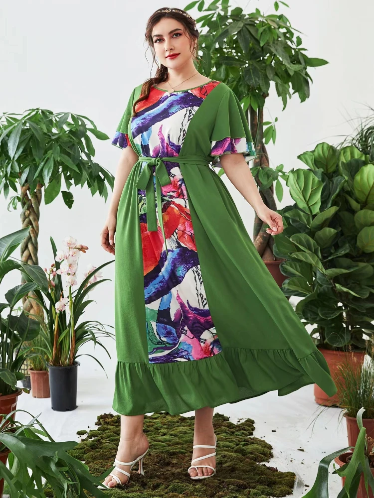 Green Printed Dresses for Women O Neck Short Flare Sleeve Ruffles Lace-up Mid-calf Elegant Evening Party Plus Size Gown 4XL
Green Printed Dresses for Women O Neck Short Flare Sleeve Ruffles Lace-up Mid-calf Elegant Evening Party Plus Size Gown 4XL