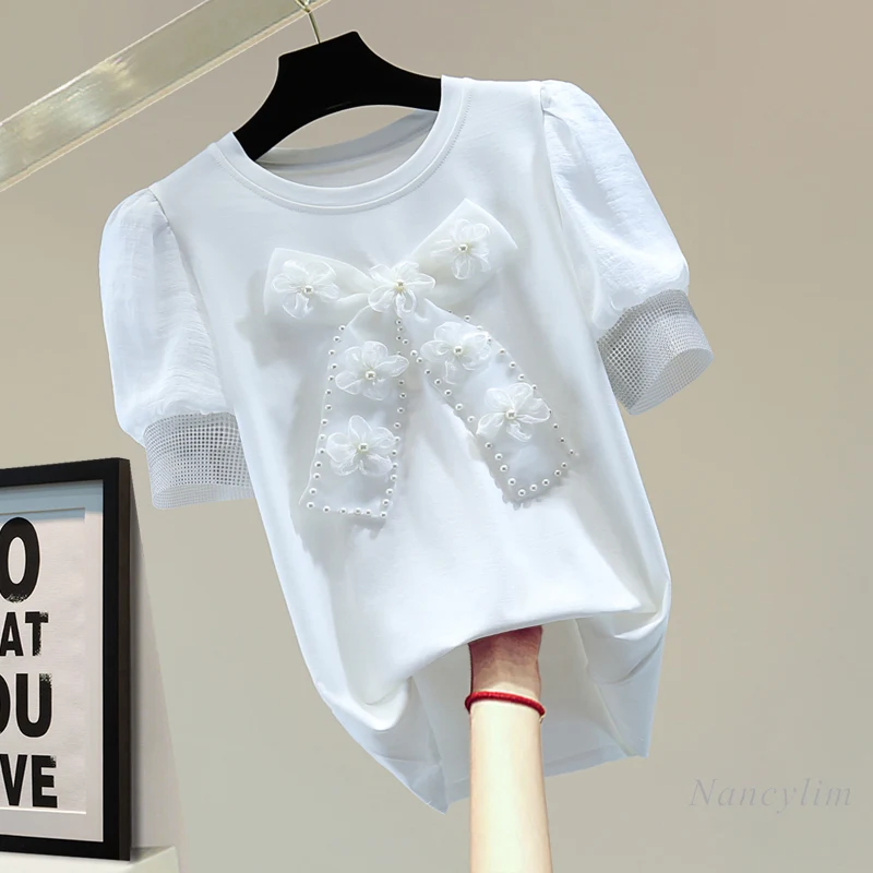Beaded Bowknot Puff Sleeve T-shirt for Women 2022 Summer Korean Style Slimming Chiffon Stitching Diamond O Neck Short Sleeve Top
Beaded Bowknot Puff Sleeve T-shirt for Women 2022 Summer Korean Style Slimming Chiffon Stitching Diamond O Neck Short Sleeve Top