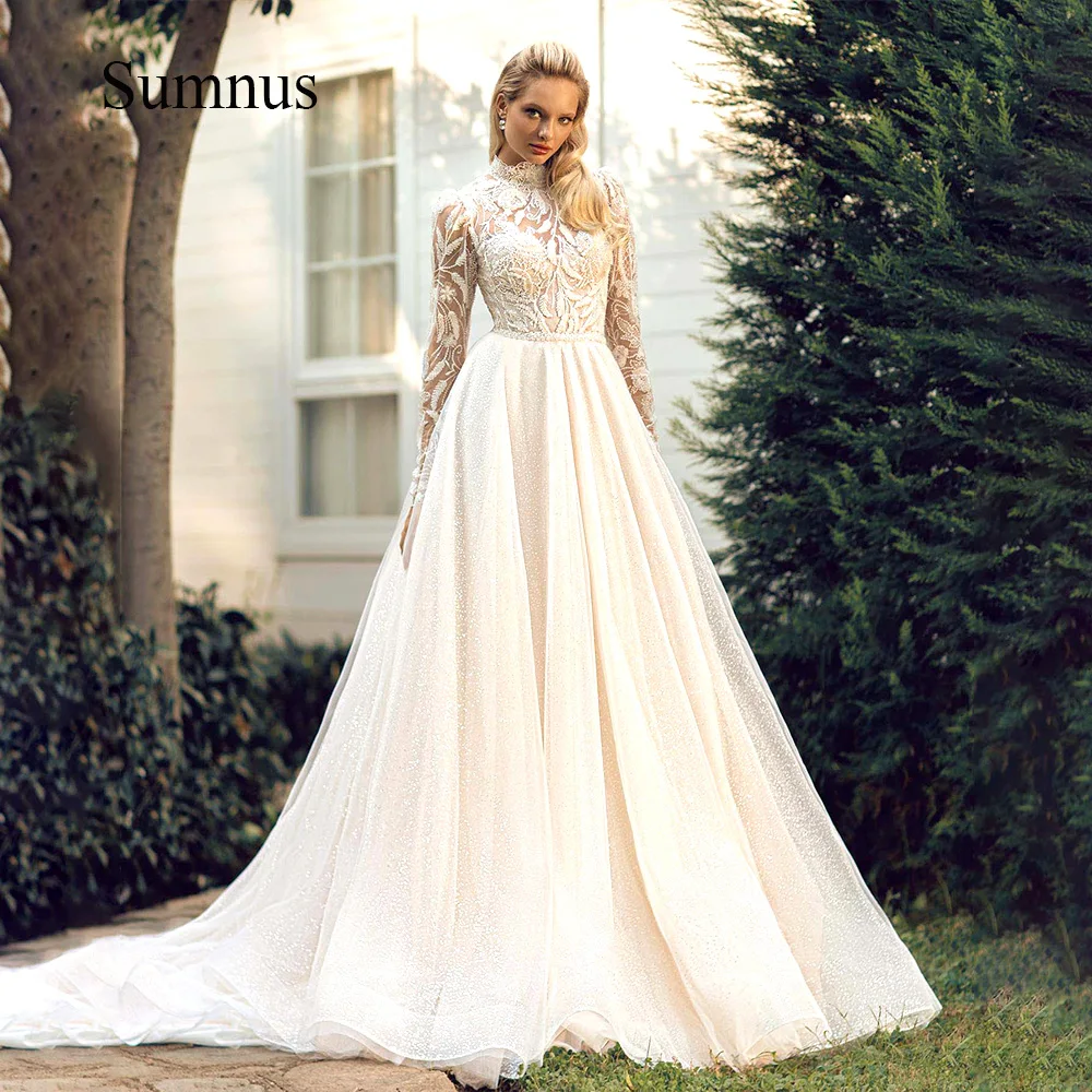 

Блестящее свадебное платье трапециевидной формы с длинным рукавом и кружевной аппликацией, женское свадебное платье, винтажные свадебные ...