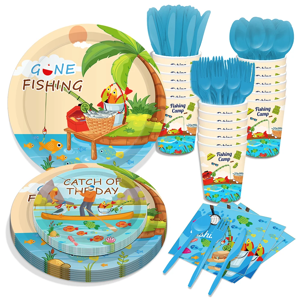 

Cartoon Go Fishing Camping Fish Barbecue Birthday Party Disposable Tableware Sets Plates Napkins Cups Baby Shower Party Decors