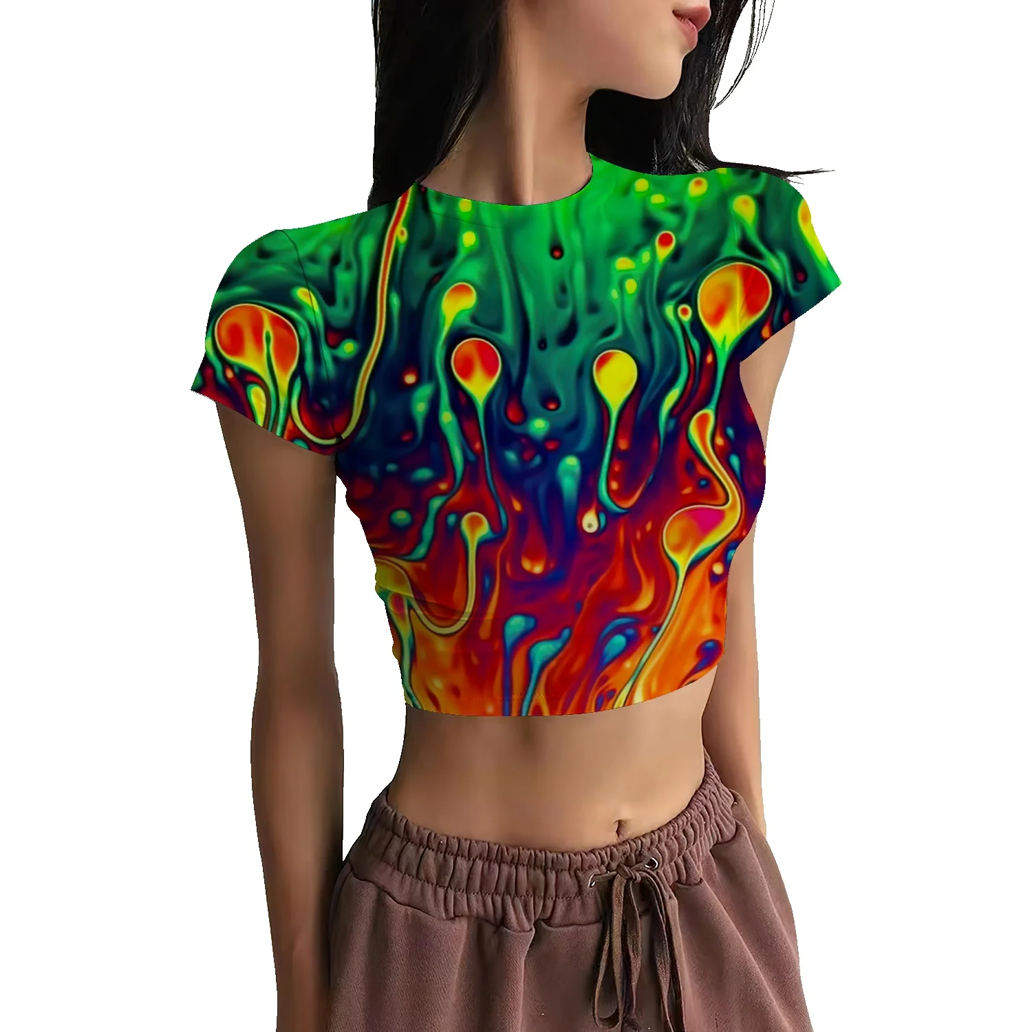 American sexy stretch tight round neck short-sleeved T-shirt summer all-match bottoming top colorful ink belly button top
American sexy stretch tight round neck short-sleeved T-shirt summer all-match bottoming top colorful ink belly button top