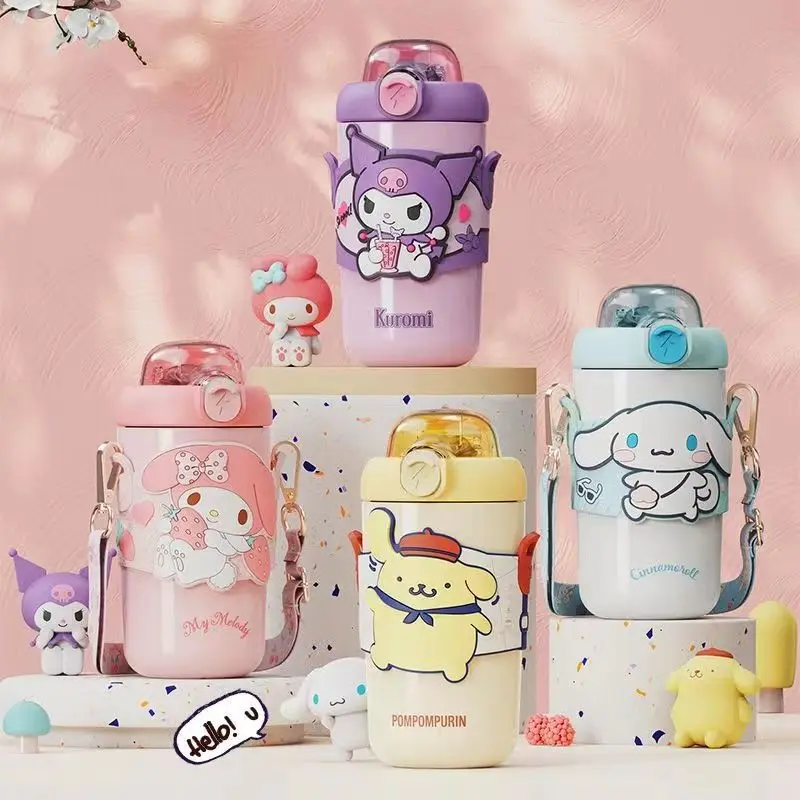 

380 мл Sanrio Cinnamoroll Kuromi Mymelody Kawaii Мультфильм Семья серия кружка милая и удобная скошенная пролетная кружка-термос