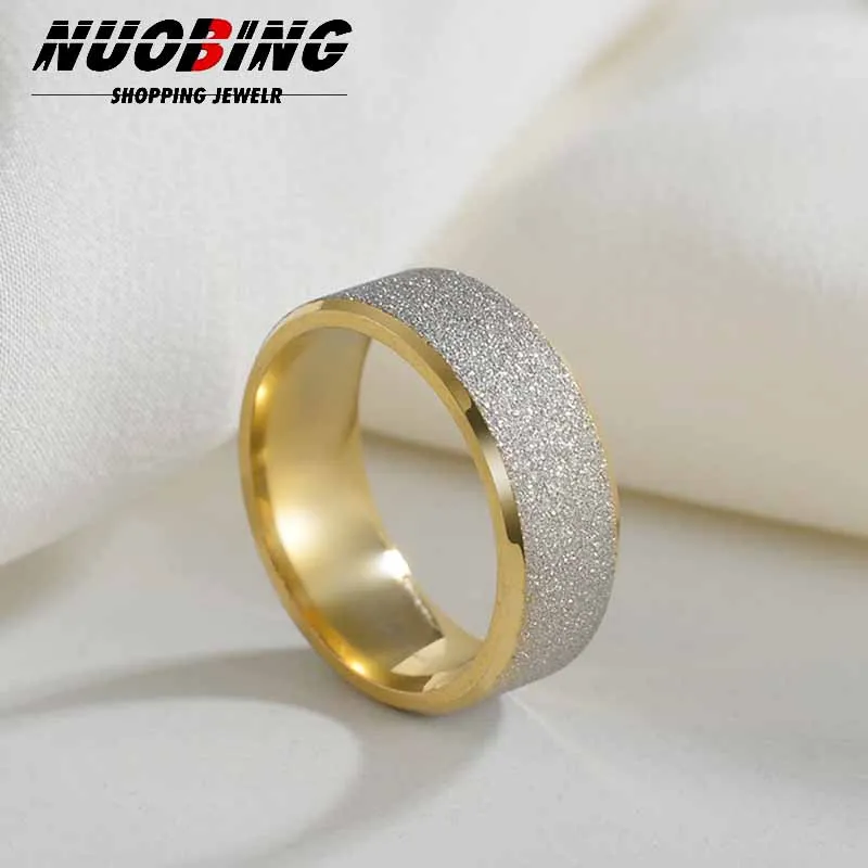 

Golden Romantic Love Men and Women's Wedding Ring 8MM Fashion Simple Frosted Stainless Steel Charm Jewelry Gift Anti Allergy