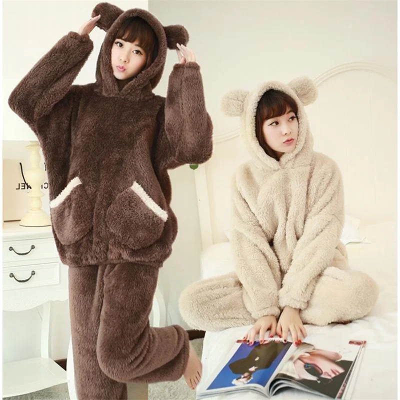 

Зимние женские пижамы из двух предметов, утепленные фланелевые пижамные комплекты с капюшоном с милым медведем, милая Пижама, длинная ночна...