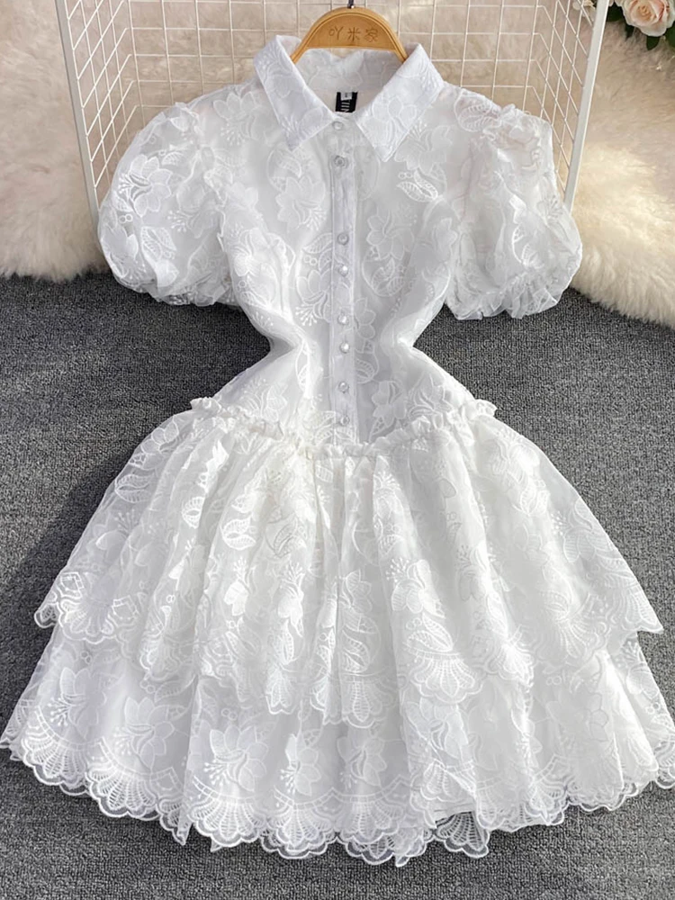 Summer Vintage Turn Down Collar Single Breasted A-Line Dress Elegant High Waist Slim Embroidered Bubble Sleeve Dresses
Summer Vintage Turn Down Collar Single Breasted A-Line Dress Elegant High Waist Slim Embroidered Bubble Sleeve Dresses