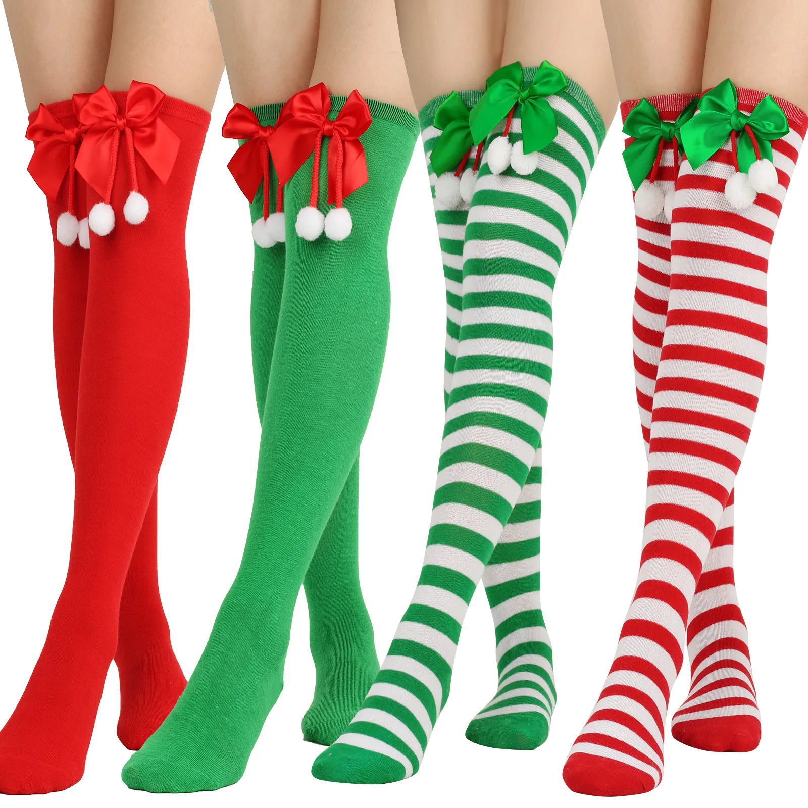 

Рождественские чулки с бантом, Длинные полосатые носки выше колена для девочек, Женские однотонные носки до бедра в полоску, сексуальные теплые Чулочные изделия