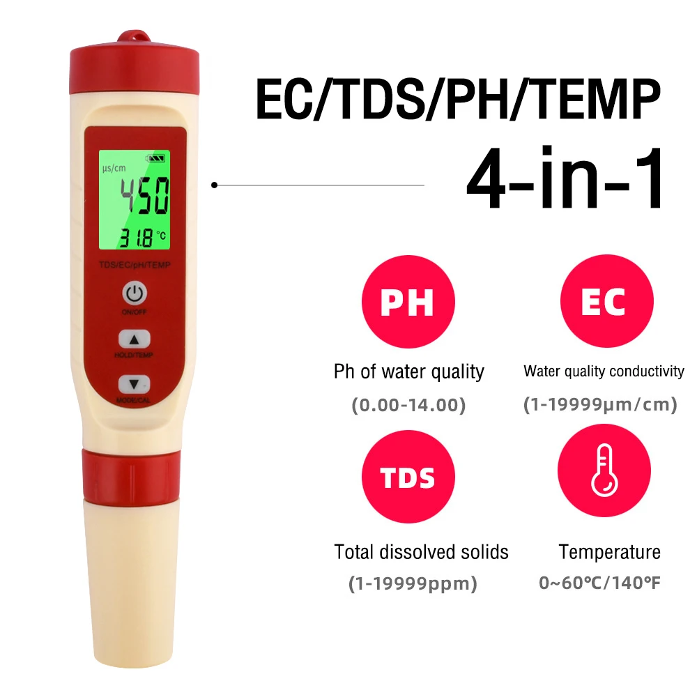 TDS PH Meter PH/TDS/EC/Temperature Meter Digital Water Quality Monitor Tester for Pools, Drinking Water, Aquariums
TDS PH Meter PH/TDS/EC/Temperature Meter Digital Water Quality Monitor Tester for Pools, Drinking Water, Aquariums