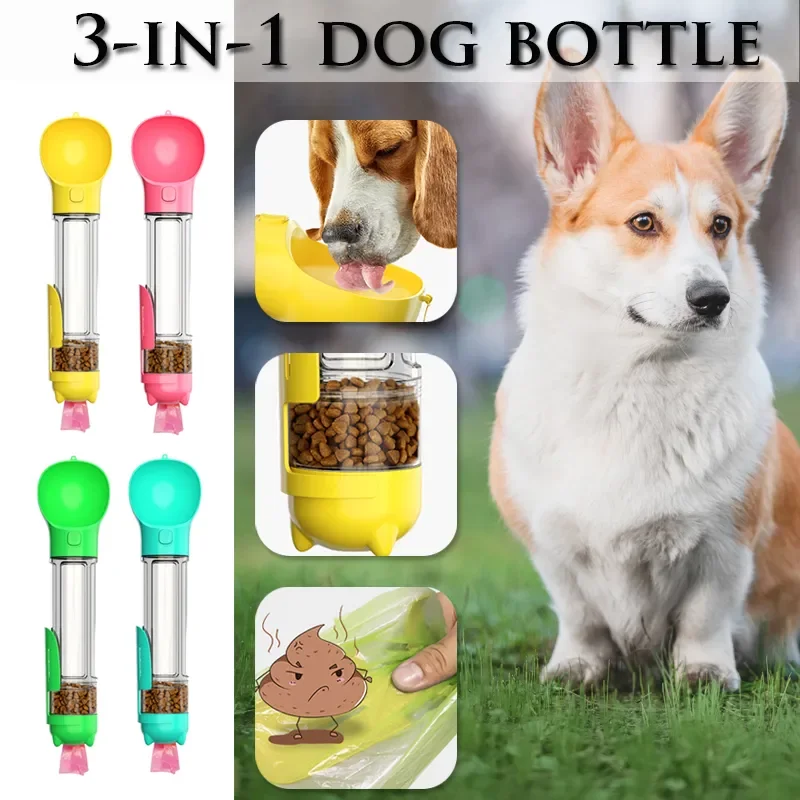 

500ML Portable Cat Dog Water Bottle Food Feeder Drinker Poop Dispenser 3 In 1 Leak-proof Multifunctional Dog Waterer Bottle
