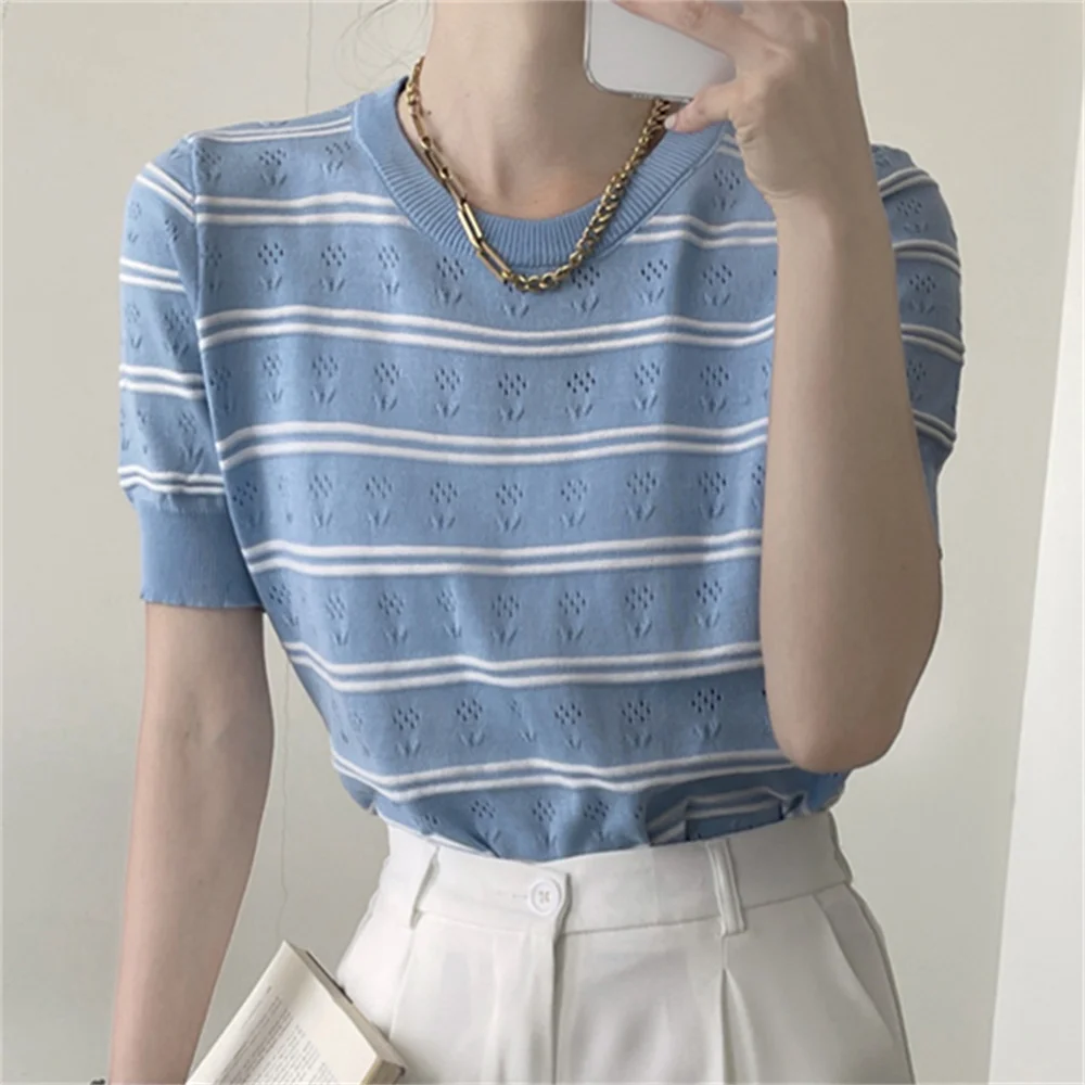 Alien Kitty Outwear Knitted Stripes Women Tops Tees 2022 Summer Chic Casual OL Short Sleeve Pullover Loose Sweaters
Alien Kitty Outwear Knitted Stripes Women Tops Tees 2022 Summer Chic Casual OL Short Sleeve Pullover Loose Sweaters