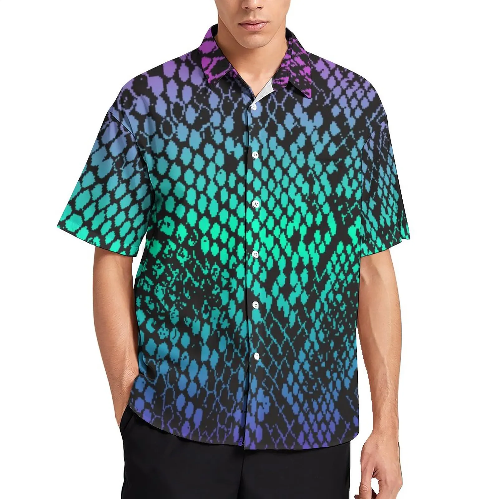 

Multi-Color Fade Snakeskin Beach Shirt Colorful Skin Print Hawaii Casual Shirts Mens Vintage Blouses Short-Sleeve Plus Size 4XL