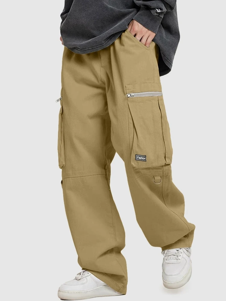 

ZAFUL Cotton Cargo Pants for Men Mid-waist Drawstring Wide Leg Straight Tooling Trousers Solid Streetwear Loose Bottoms Z5095801