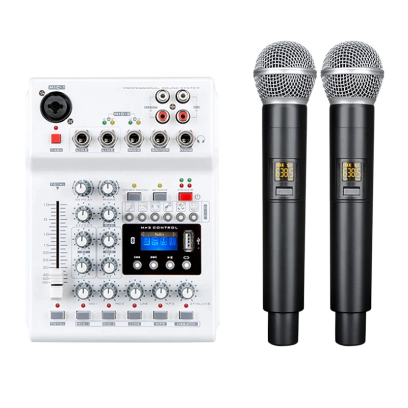 4 Channel Audio Mixer Console with Wireless Microphone Sound Mixing with Bluetooth USB Mini Dj Mixer US Plug
4 Channel Audio Mixer Console with Wireless Microphone Sound Mixing with Bluetooth USB Mini Dj Mixer US Plug