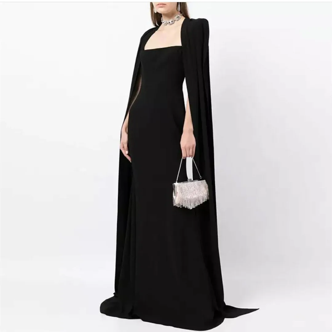 Elegant Long Square Collar Muslim Evening Dresses With Cape فساتين السهرة Sheath Black Prom Dress Robe de soirée for Women
Elegant Long Square Collar Muslim Evening Dresses With Cape فساتين السهرة Sheath Black Prom Dress Robe de soirée for Women
