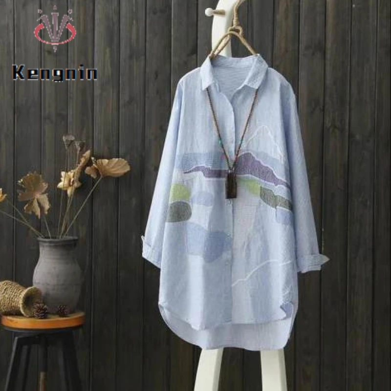 2022 Summer Autumn Women's Shirts Loose Embroidery Mid-Long Ladies Blouse Cotton Linen Striped Print Plus Size 4XL Tops KN403
2022 Summer Autumn Women's Shirts Loose Embroidery Mid-Long Ladies Blouse Cotton Linen Striped Print Plus Size 4XL Tops KN403