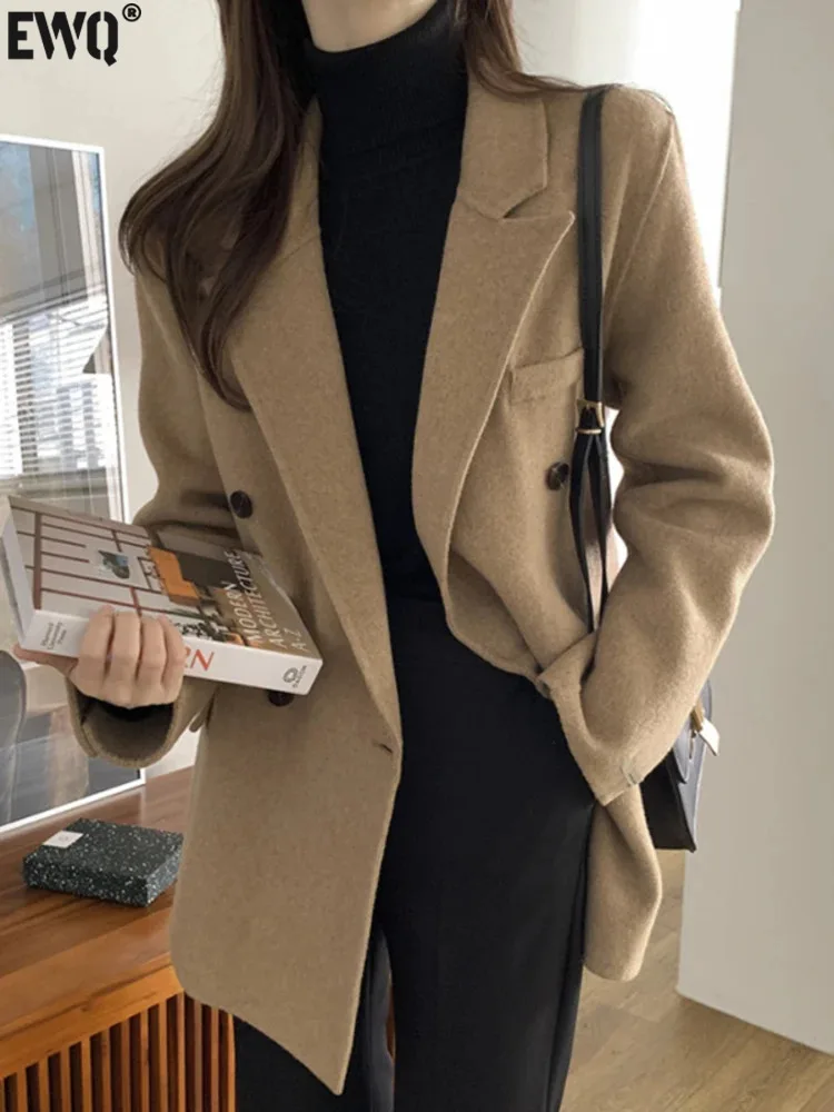 

[EWQ] винтажный двубортный плотный теплый шерстяной Блейзер с отложным воротником, повседневный свободный офисный женский пиджак с длинным рукавом, осень 2023