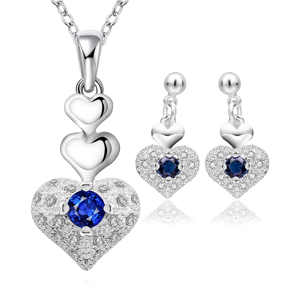 

925 Sterling Silver Heart Necklace Earring Crystal CZ Stone Zircon Jewelry Cute Pretty for Women Wedding Lady Set TOP Quality