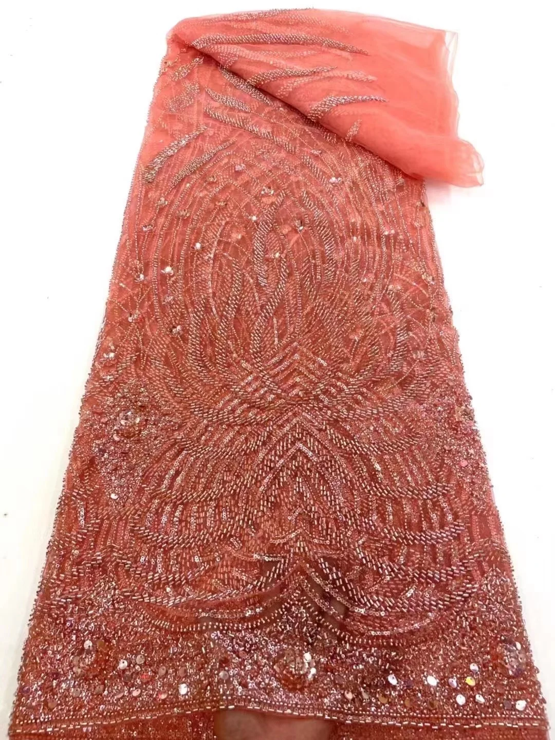 African Lace Fabric Orange 5 Yards Sequins 2023 High Quality Nigerian Beaded Mesh Lace Material for Party Wedding Sewing
African Lace Fabric Orange 5 Yards Sequins 2023 High Quality Nigerian Beaded Mesh Lace Material for Party Wedding Sewing