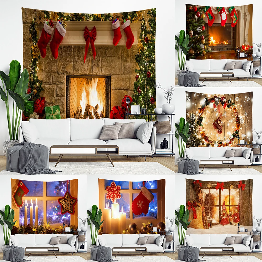 

Christmas Tapestry Snowflake Santa Claus Winter Night Hanging Cloth Fireplace Wall Decor Backdrop Fabric Home Decor Tapestry