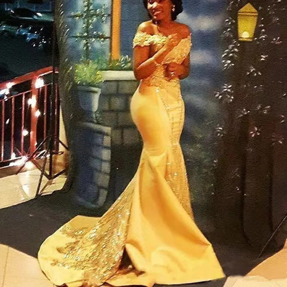 2022 Sexy Yellow Mermaid Evening Dresses Off Shoulder Lace Sequined Satin Fromal Gowns Arabic Prom Dress Custom
2022 Sexy Yellow Mermaid Evening Dresses Off Shoulder Lace Sequined Satin Fromal Gowns Arabic Prom Dress Custom