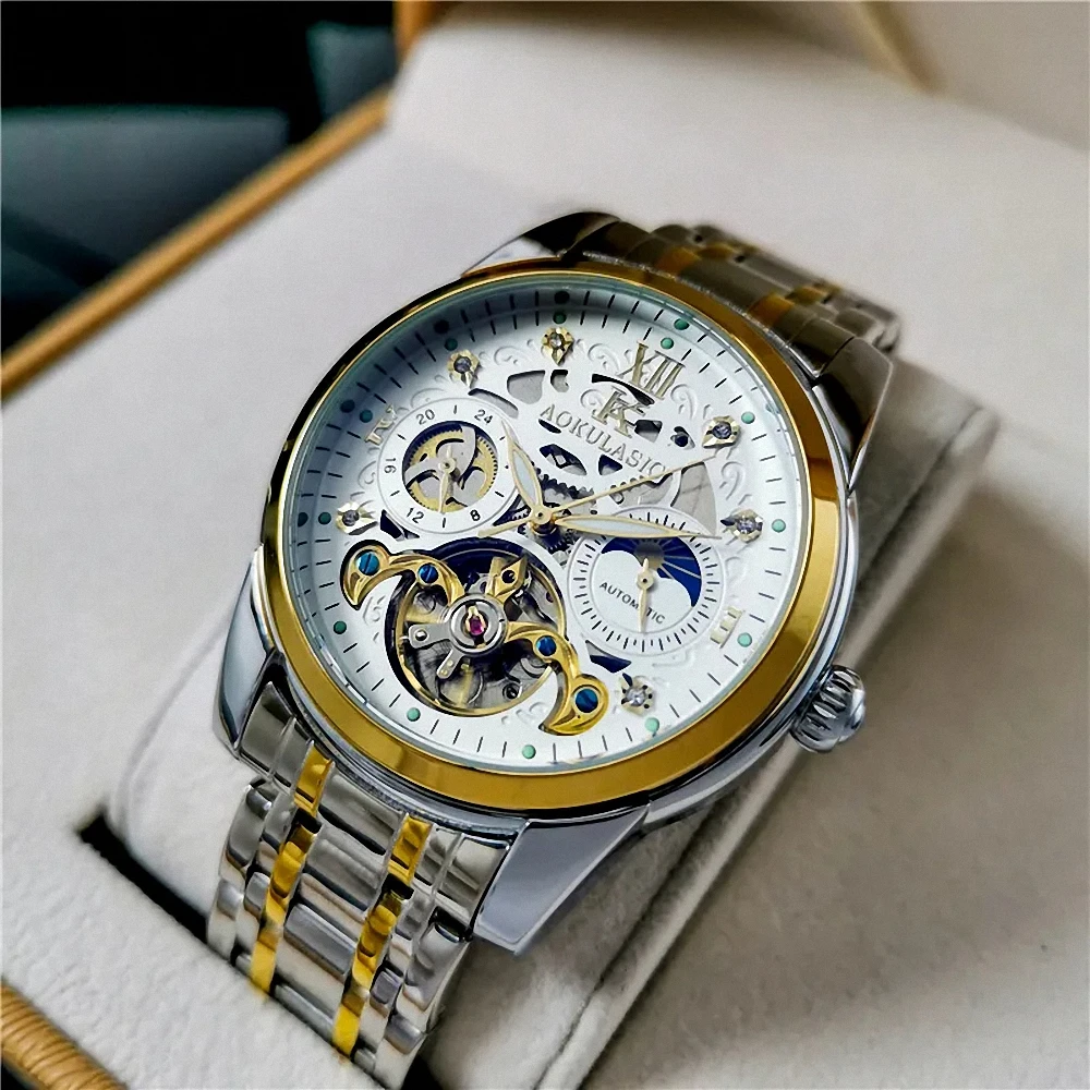 

Модные Автоматические Мужские часы-скелетоны с турбийоном, роскошные брендовые механические часы с Лунной фазой, деловые часы с ремешком из нержавеющей стали