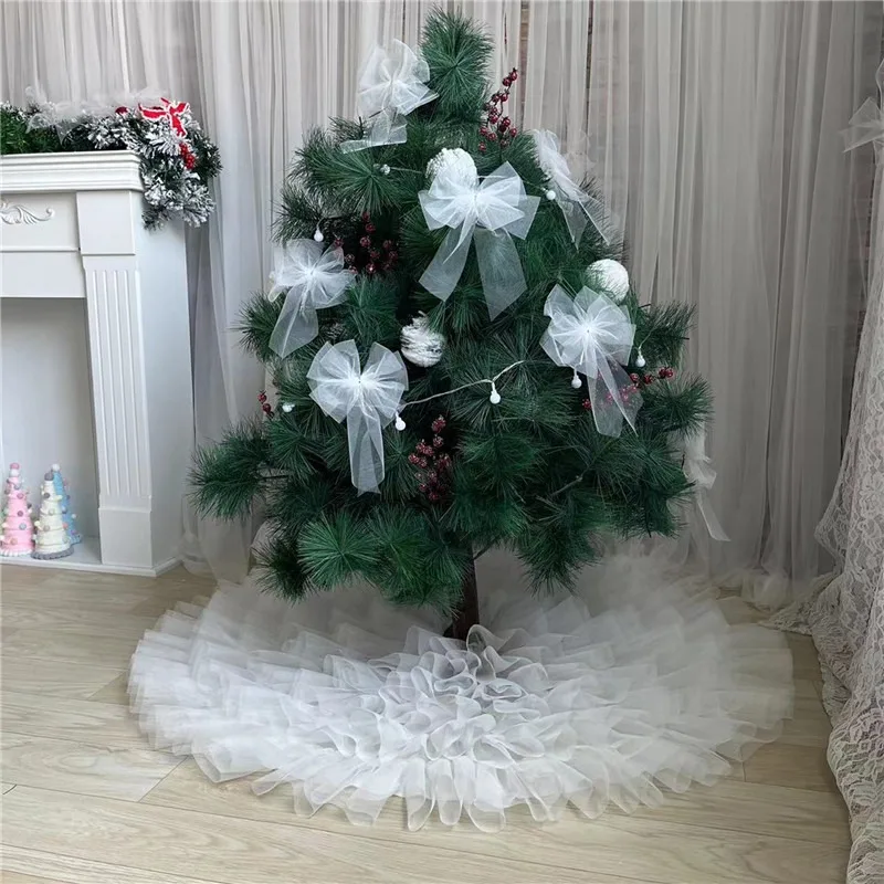 

78/90/120cm Christmas Tree Skirt White Mesh Carpet Snowflake Colorful Pompon Mat For Home Xmas Tree New Year Decor Noel Apron