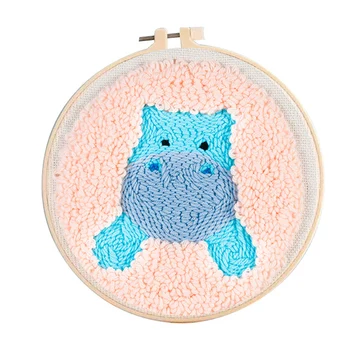 Cartoon Hippo Poke Embroidery Woolen Yarn Artwork Kit Punch Needle DIY Material Package For Manual Hobby Beginner Wholesales