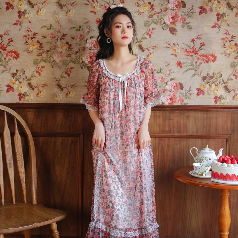 

Floral Print Night Dress Women Modal Mesh Lace Long Peignoir Princess Sleepwear Romantic Nightgowns Vintage Victorian Nightie