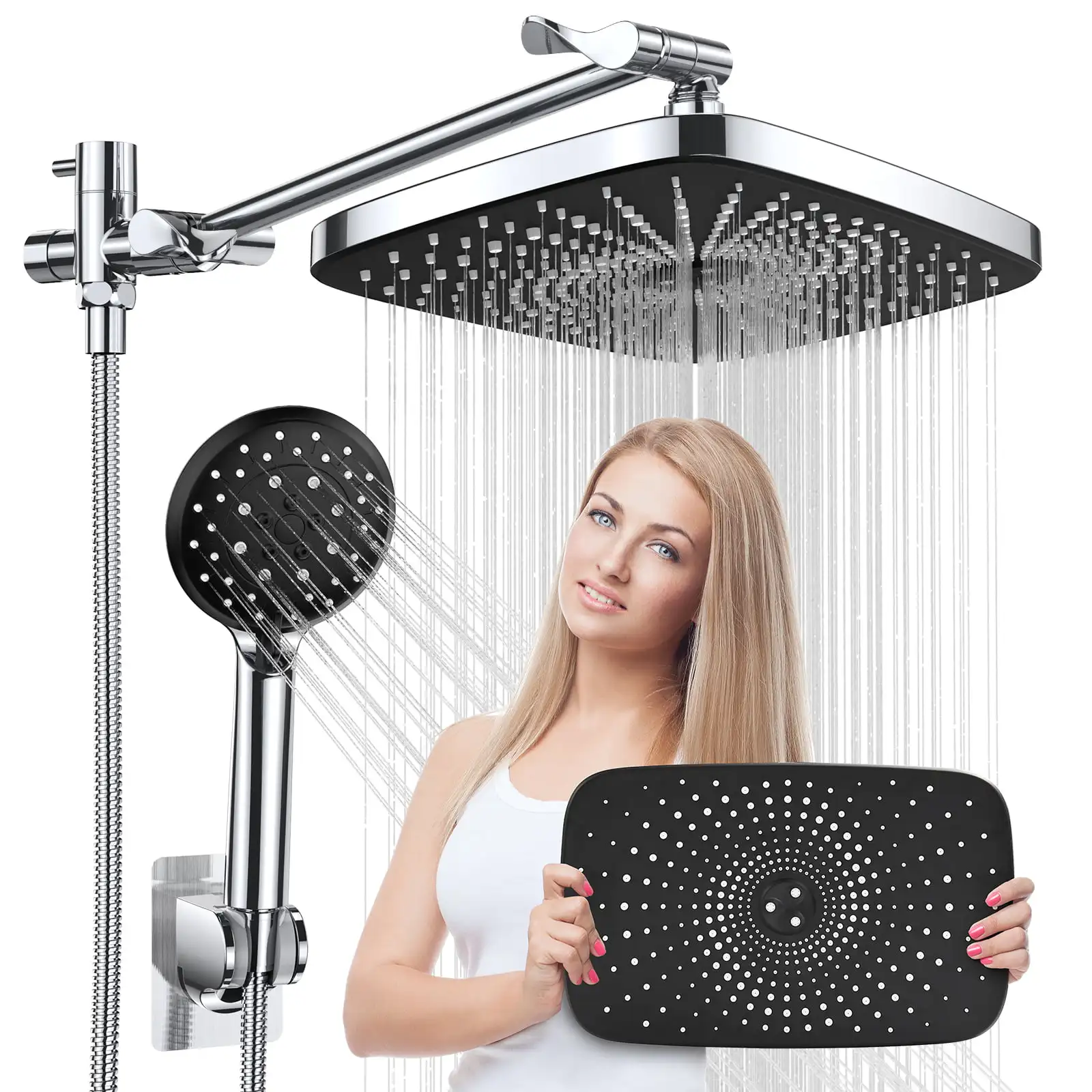 5-Setting Shower Head, 12 inch Rain Shower Head with Handheld and 70 inch Anti-Tangle Hose, Chrome
5-Setting Shower Head, 12 inch Rain Shower Head with Handheld and 70 inch Anti-Tangle Hose, Chrome