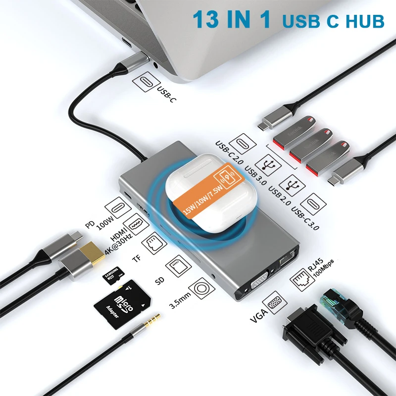 USB C Hub Adapter with 4KHDMI VGA Ethernet RJ45 Wireless Charger 100W PD SD/TF Docking Station for MacBook Pro Huawei Lenovo
USB C Hub Adapter with 4KHDMI VGA Ethernet RJ45 Wireless Charger 100W PD SD/TF Docking Station for MacBook Pro Huawei Lenovo