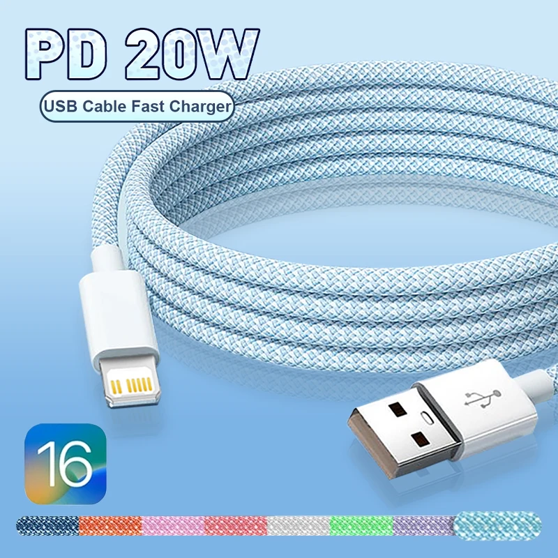 

20W PD USB to Lightning Charger Cable for iPhone 14 13 12 11 Pro Max Mini Fast Charge for Apple X XS XR 8 Plus SE Braided Cable
