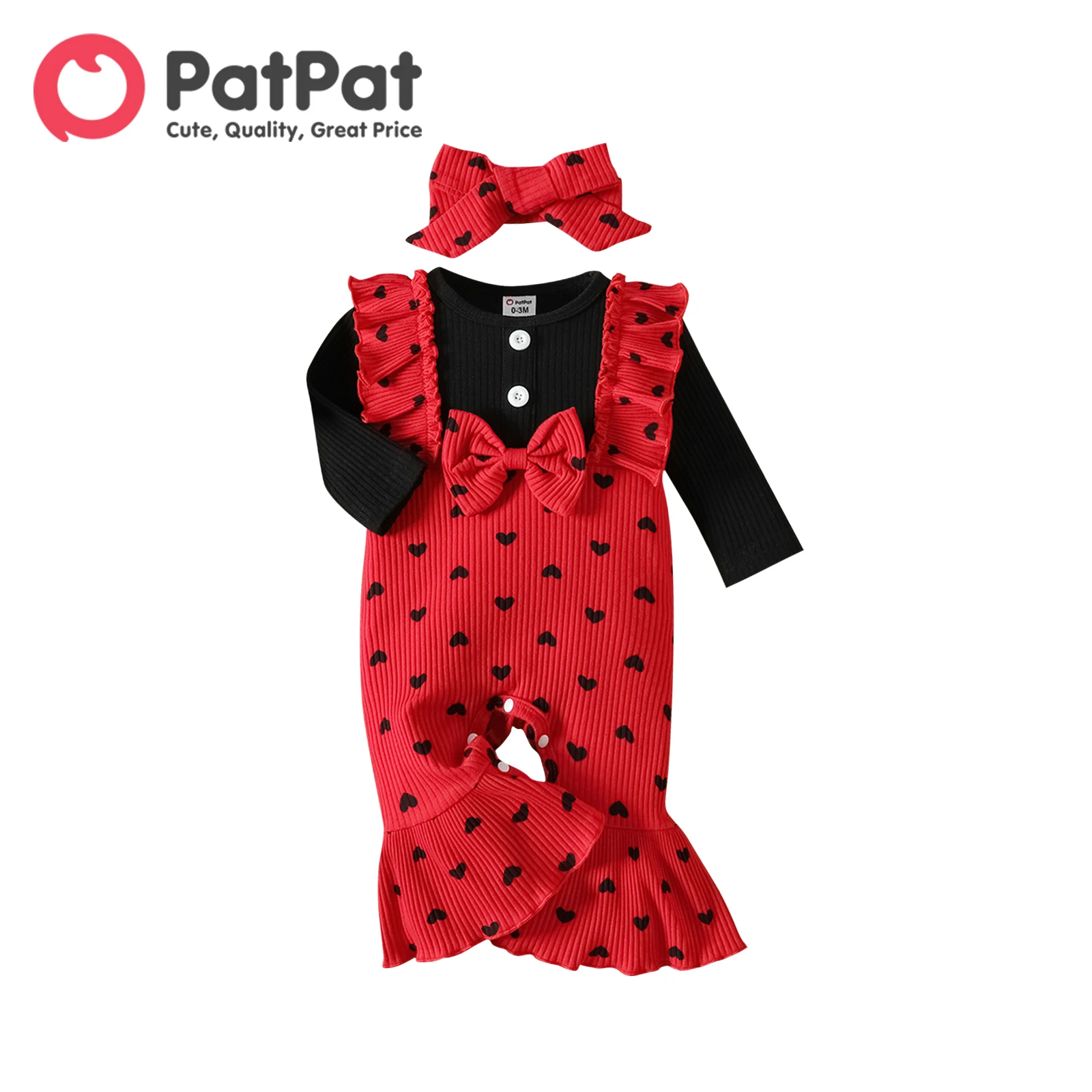 

PatPat Valentine's Day Baby Girl 95% Cotton Allover Heart Print Ribbed Ruffle Long-sleeve Bell Bottom Jumpsuit with Headband Set