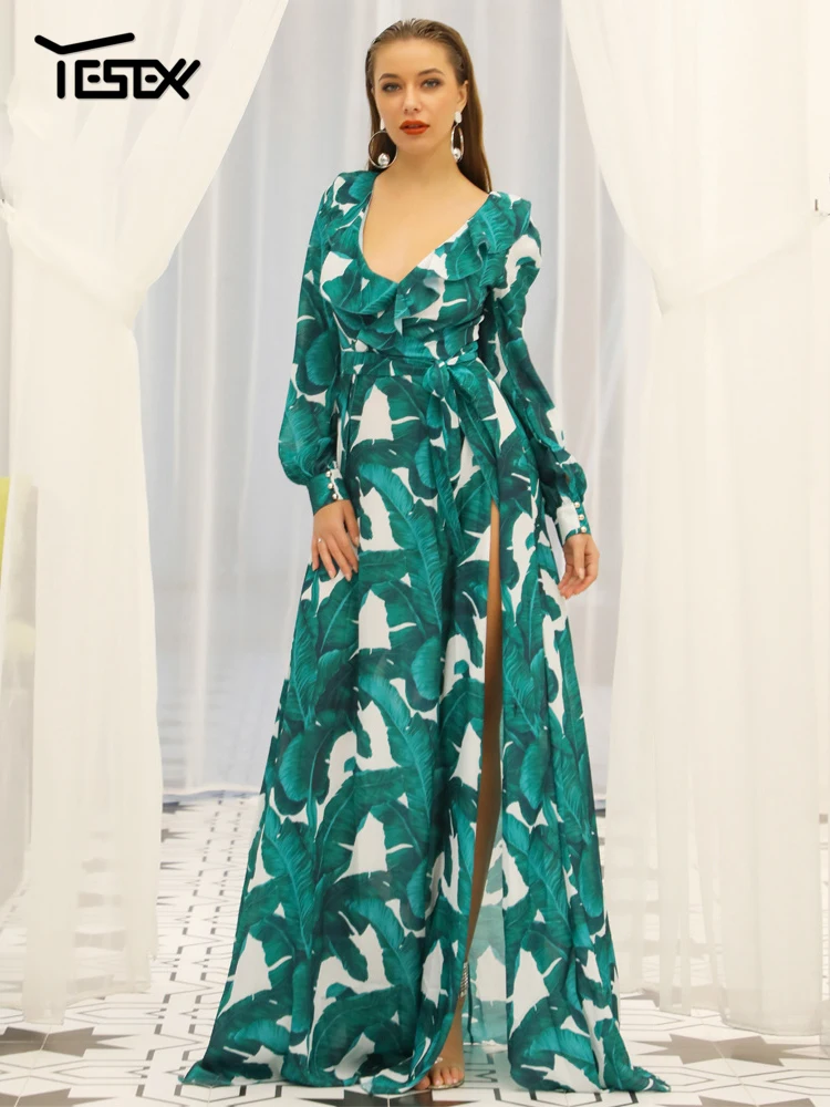 Yesexy Summer Deep V Print Beach Dress Kafftan Long Sleeve Ruffle Seaside Maxi Women Two Split Dresses Green
Yesexy Summer Deep V Print Beach Dress Kafftan Long Sleeve Ruffle Seaside Maxi Women Two Split Dresses Green