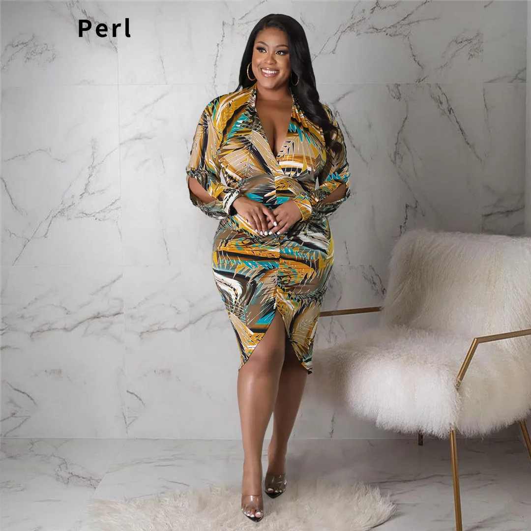 

Perl Fashion V-Neck Printed Slit Pleated Hollow Sleeve Dress Plus Size Women Clothing Collect Waist Curved Outfit for Lady 2022