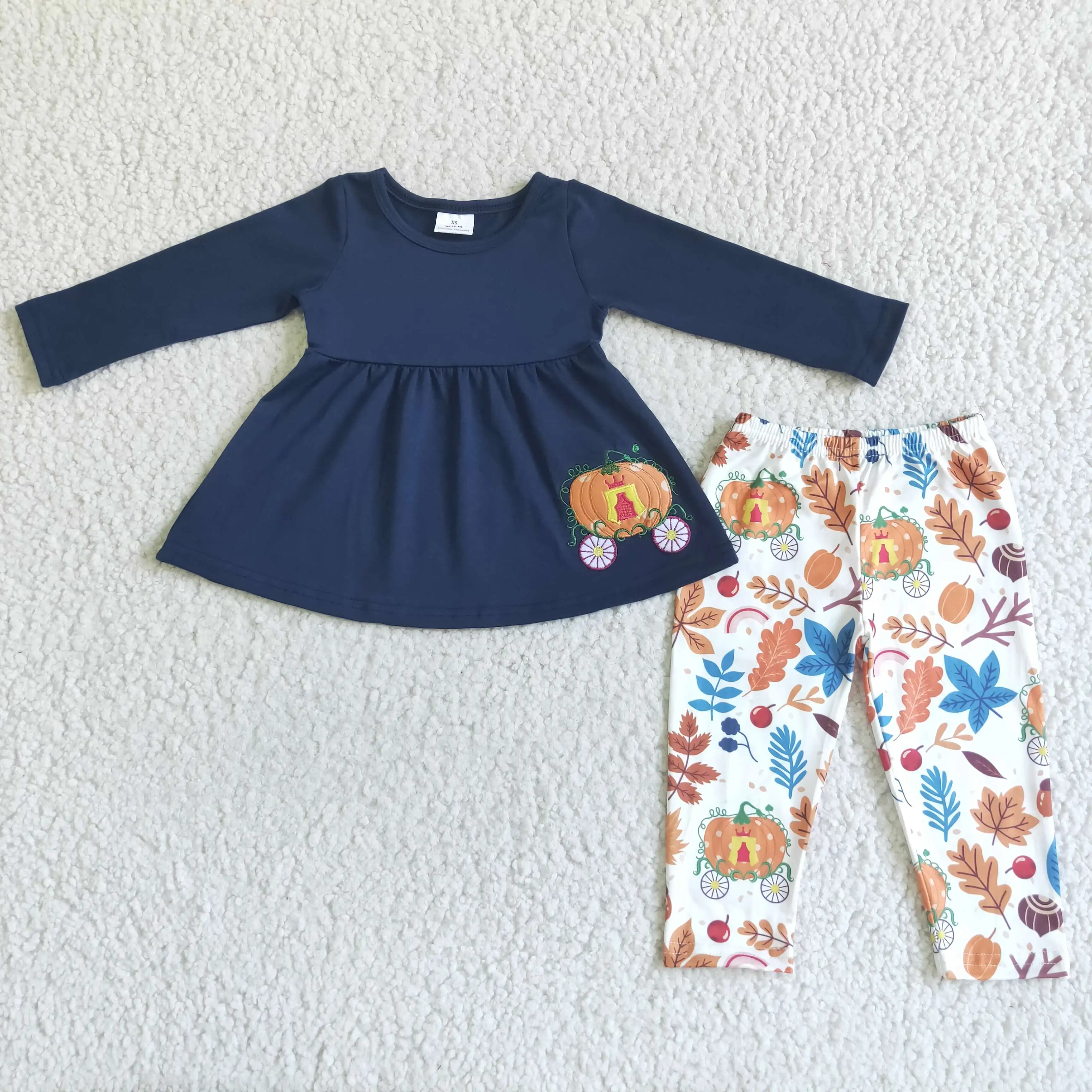 high quality embroidered pumpkin navy blue outfits kids clothes for girls children's clothing set
high quality embroidered pumpkin navy blue outfits kids clothes for girls children's clothing set