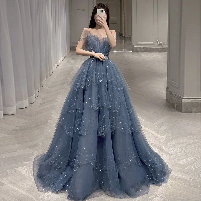 

Sharon Said Bling Crystal Luxury Dubai Blue Evening Dress for Women Wedding Tiered Ruffles Beading Long Formal Prom Gowns SS259