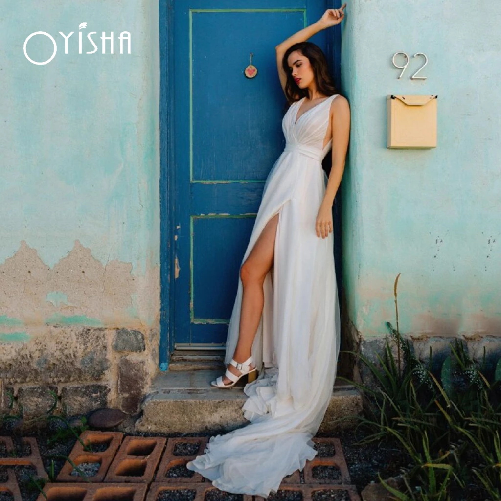 OYISHA Sexy White A Line Wedding Dresses For Bride Sleeveless V Neck Tulle Beach 2023 Side Slit Backless Bridal Gown Custom Made
OYISHA Sexy White A Line Wedding Dresses For Bride Sleeveless V Neck Tulle Beach 2023 Side Slit Backless Bridal Gown Custom Made