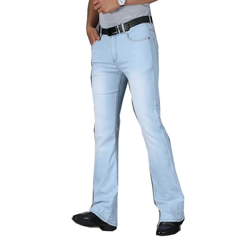 

Calças jeans masculinas casuais, calças de cintura média, elástica, slim, branca, semi-flare, parte inferior em jeans, frete grá