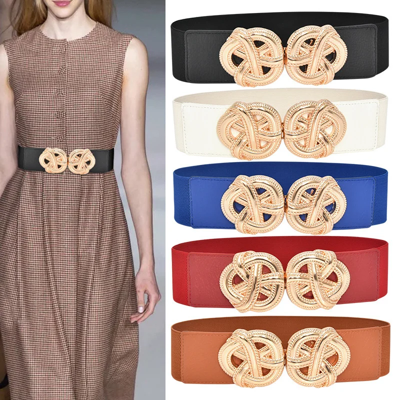 

New Arrival Women's Fashion Waistband Vintage Metal Chinese Knot Buckle Stretchy Belt Faux Leather Elastic Waist Band