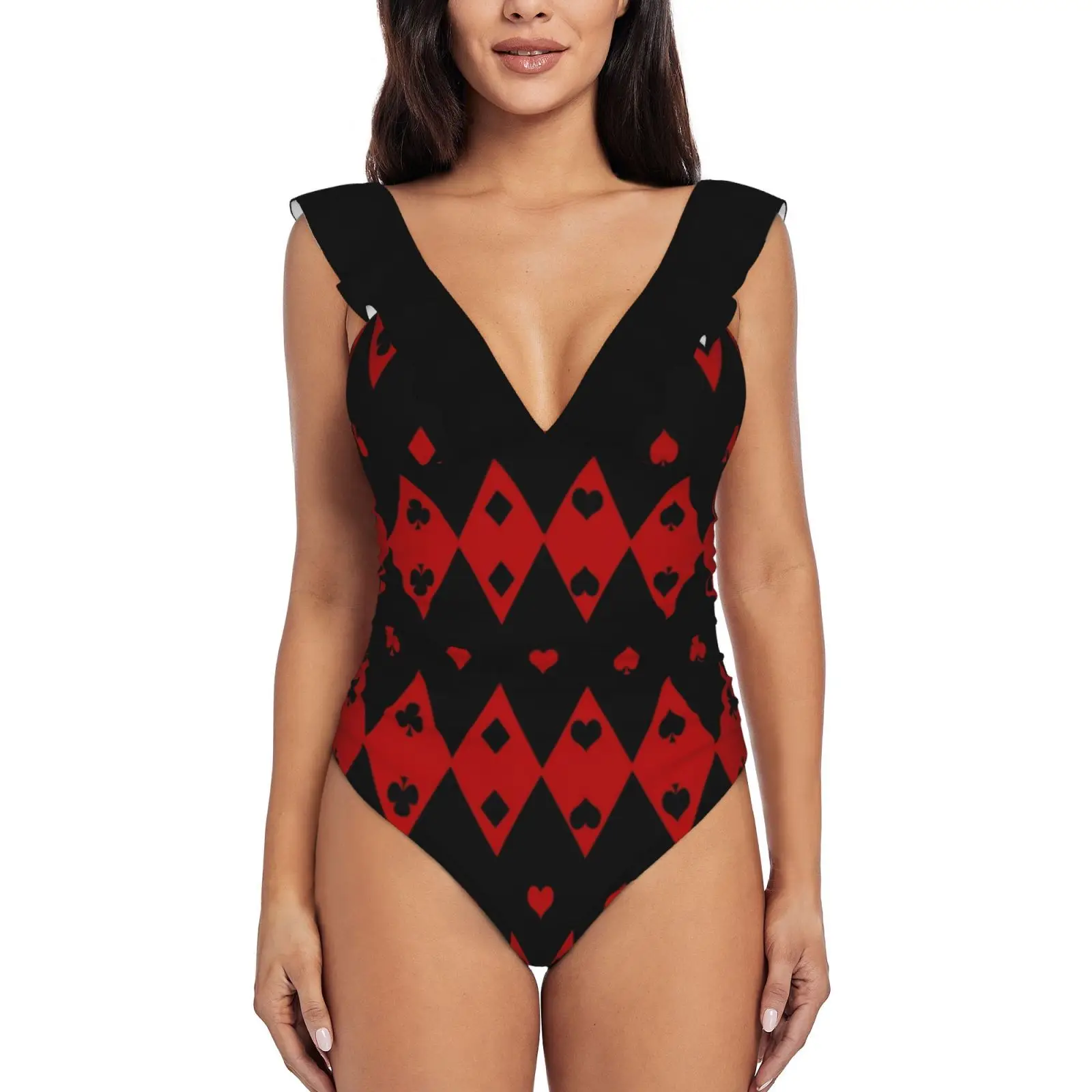 Купальник с глубоким V-образным вырезом и воланом, в форме игральных карт
Купальник с глубоким V-образным вырезом и воланом, в форме игральных карт