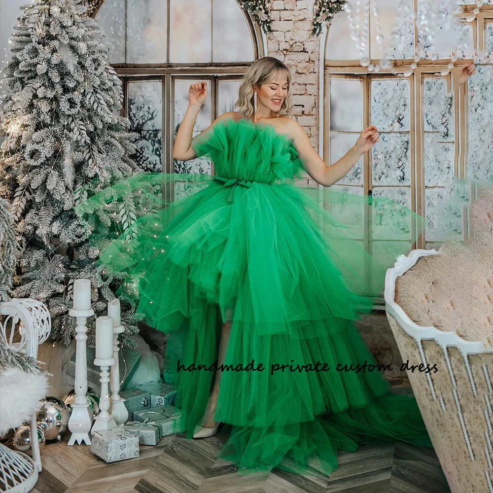 

Green Strapless High Low Fairy Evening Party Dresses Draped Tulle Pageant Prom Dress A Line Sexy Homecoming Celebrate Gowns