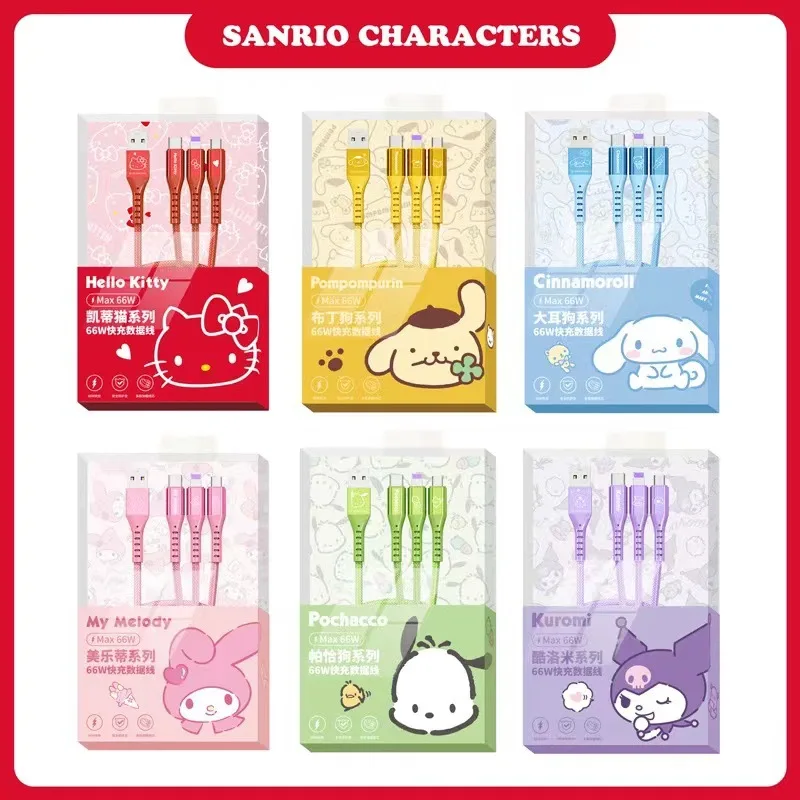 

Sanrioed Kuromi Hello Kitty Cinnamoroll Pompompurin Pochacoo Melody Three-in-one Cable Portable Durable Anti-tangle Data Line