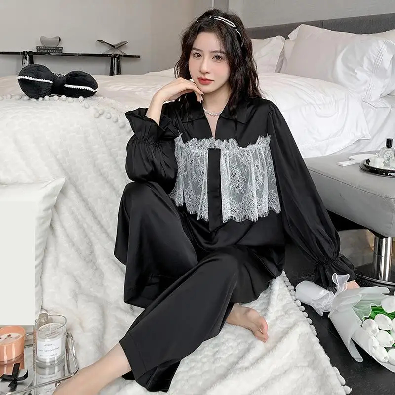 

Spring Summer Women Pajamas Set Lace Sleepwear Pijamas Suit Intimate Lingerie Satin Long Sleeve Shirt Trouser Pj's Homewear