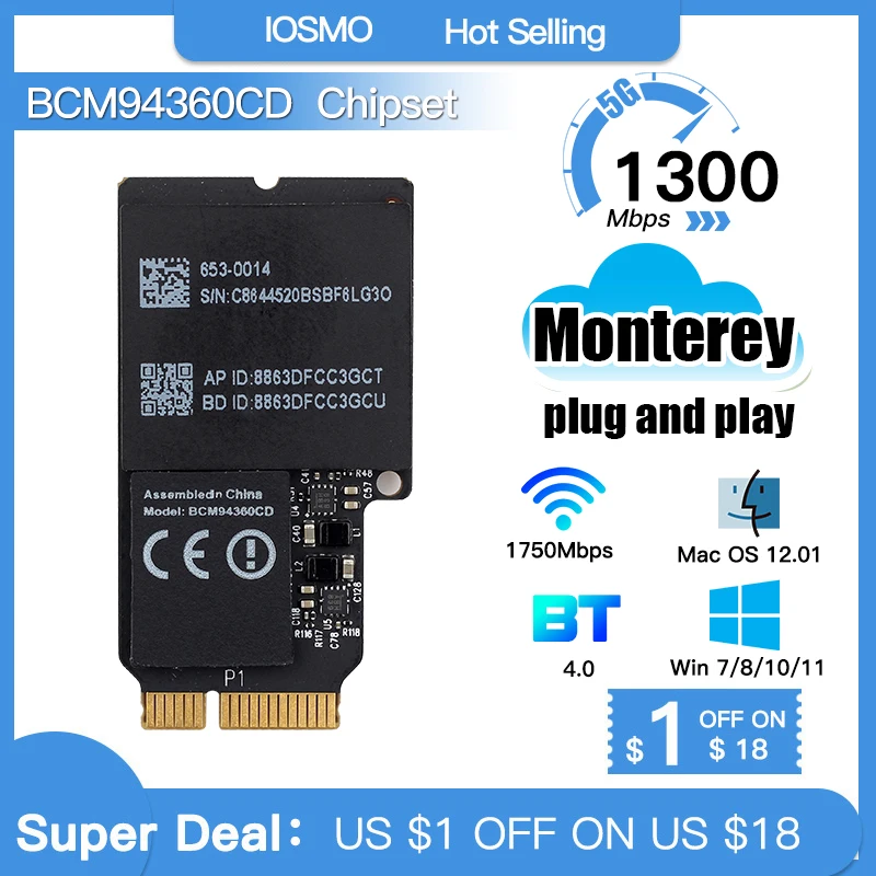 2023 1750 Мбит/с Двухдиапазонная 2,4G/5 ГГц BCM94360CD 802.11AC Bluetooth-compatible4.0 PCIe беспроводная карта для MacOS Airdrop Handoff 
2023 1750 Мбит/с Двухдиапазонная 2,4G/5 ГГц BCM94360CD 802.11AC Bluetooth-compatible4.0 PCIe беспроводная карта для MacOS Airdrop Handoff