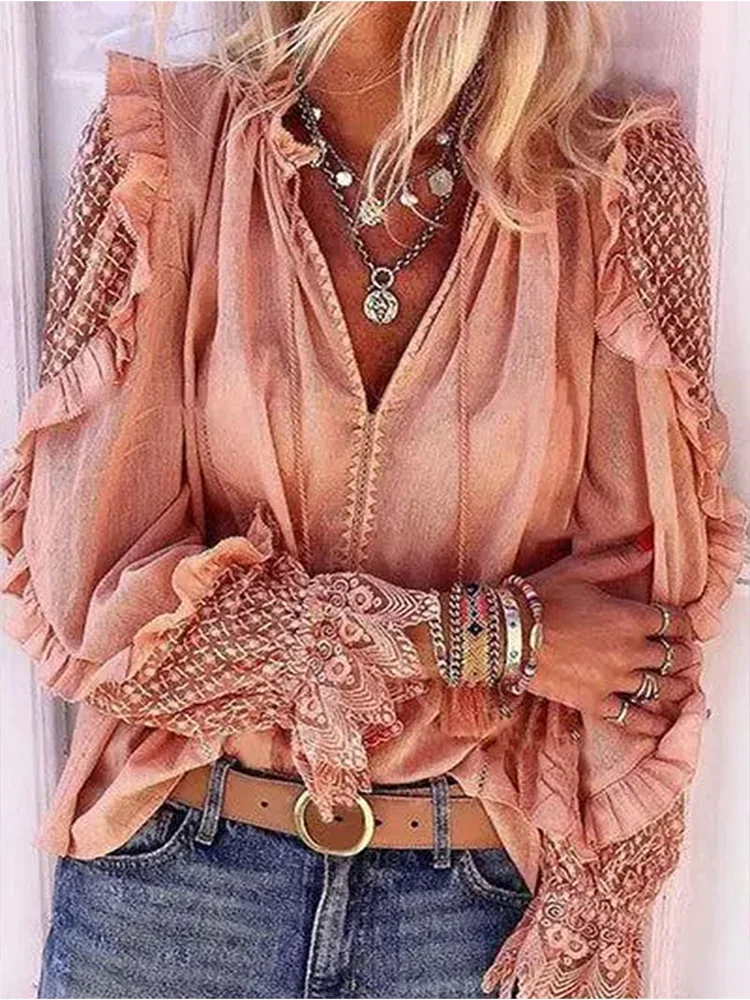 Elegant Women's Shirt Top V-Neck Plain Hook Long Sleeve Lace Panel Tassel Decoration Casual Women's Clothing
Elegant Women's Shirt Top V-Neck Plain Hook Long Sleeve Lace Panel Tassel Decoration Casual Women's Clothing