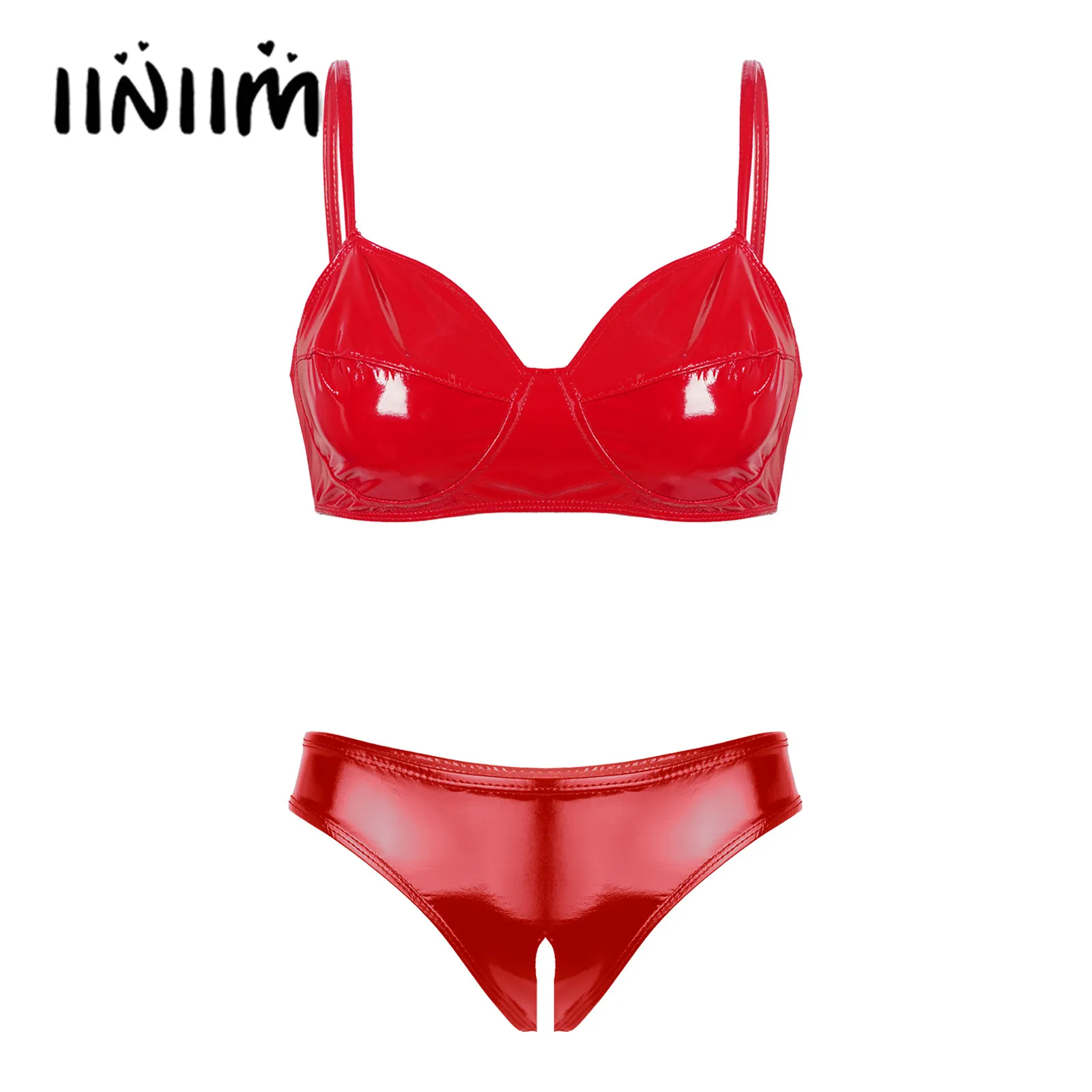 Womens Glossy Patent Leather Sexy Lingerie Set Underwear Spaghetti Straps Bra Tops with Open Crotch High Cut Briefs Exotic Sets 
Womens Glossy Patent Leather Sexy Lingerie Set Underwear Spaghetti Straps Bra Tops with Open Crotch High Cut Briefs Exotic Sets