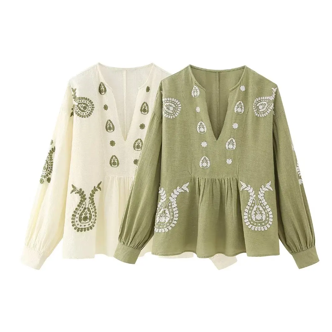 Women 2023 New Fashion Summer 2 Colors Embroidered Cotton Blouse Vintage V Neck Long Sleeve Female Shirts Chic Tops
Women 2023 New Fashion Summer 2 Colors Embroidered Cotton Blouse Vintage V Neck Long Sleeve Female Shirts Chic Tops
